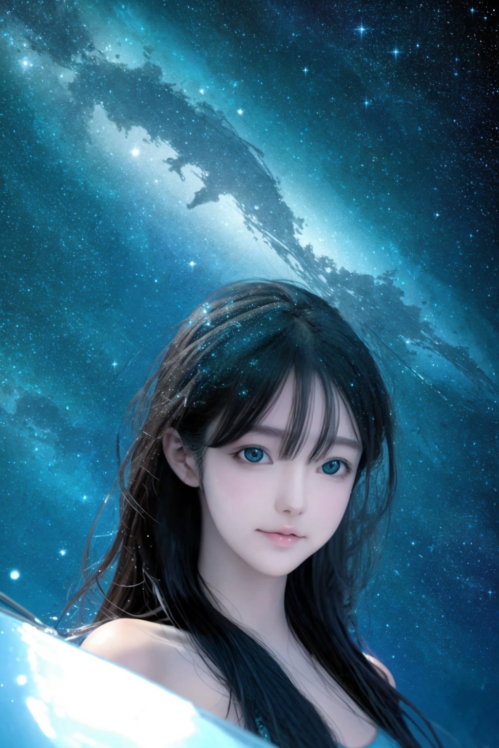 an underwater diver looking at the stars from the water,beautiful,4k hd,masterpiece,Wlop,very long hair,night sky,starry jnightsky,detailed backgrouynd,detailed anatomy,detailed face,detailed factions