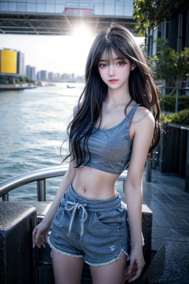 (medium full shot:1.4), Best quality,  masterpiece,  ultra high res,  (photorealistic:1.37),  raw photo,  a young girl named Nancy,  17 year old,  long hair in the wind,  grey eyes,  detailed eyes and face,  perfect pose, waist, blue short pants, crop top,   dynamic lighting,  in the dark,  deep shadow,  low key,  cinematic image, bright city,  floting city on the background., 
