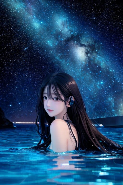 an underwater diver looking at the stars from the water,beautiful,4k hd,masterpiece,Wlop,very long hair,night sky,starry jnightsky,detailed backgrouynd,detailed anatomy,detailed face,detailed factions