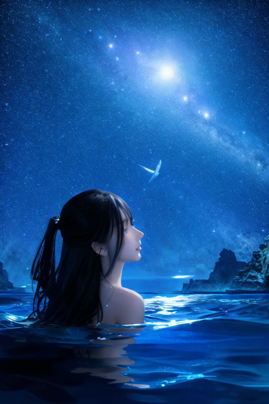 an underwater diver looking at the stars from the water,beautiful,4k hd,masterpiece,Wlop,very long hair,night sky,starry jnightsky,detailed backgrouynd,detailed anatomy,detailed face,detailed factions