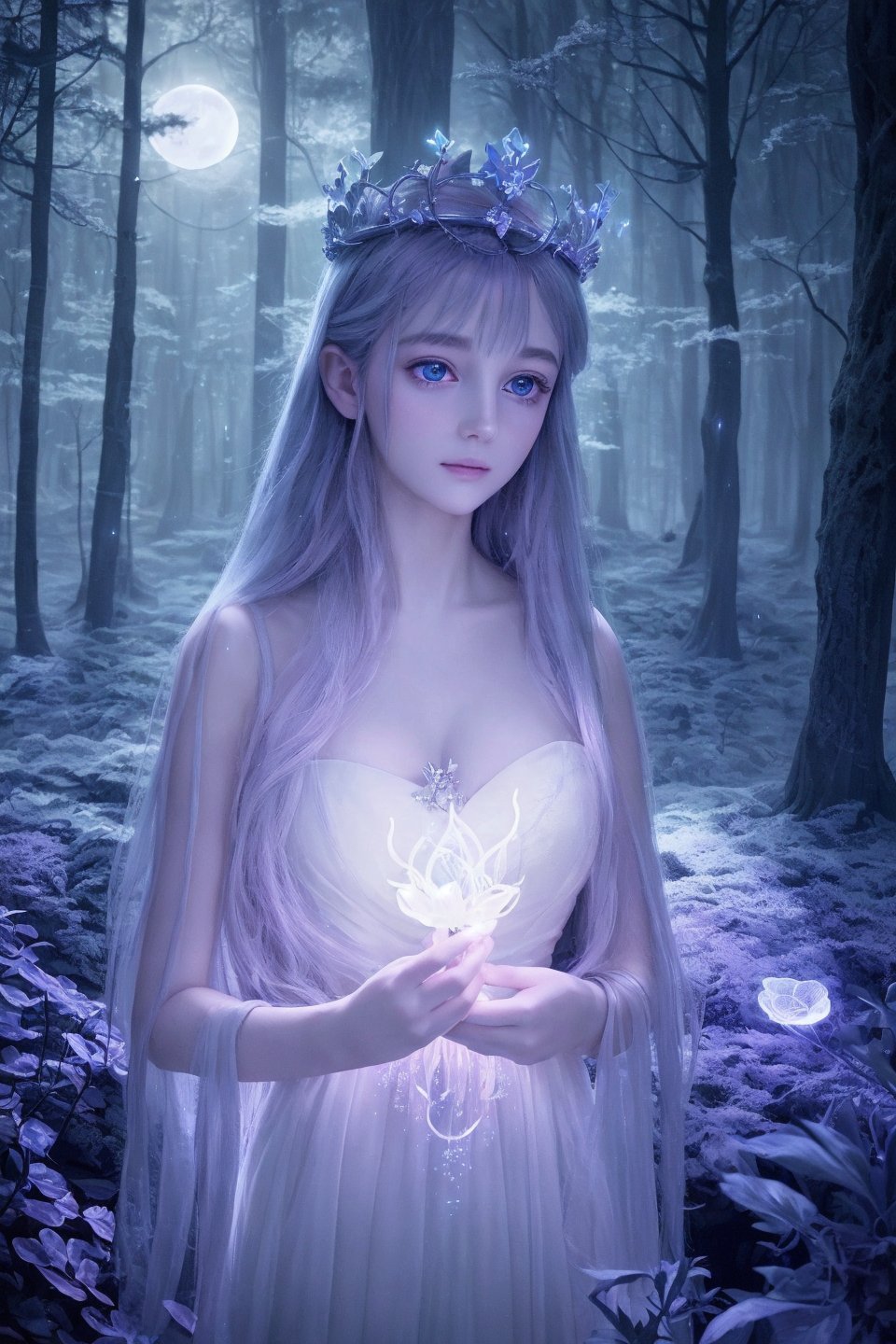 In the whispering darkness of a mystical forest, where grey bioluminescent wisps dance like ethereal sparks, a goddess stands lost amidst wonders. Her radiant crown lies abandoned, surrounded by an array of unique, luminous flora with delicate pastel hues. The goddess herself is bathed in soft, digital luminescence, her porcelain-like skin glowing with a subtle sheen. Mschiffer's artwork captures the quiet intimacy of this moonlit scene, where shadows are illuminated only by the gentle hum of magic.