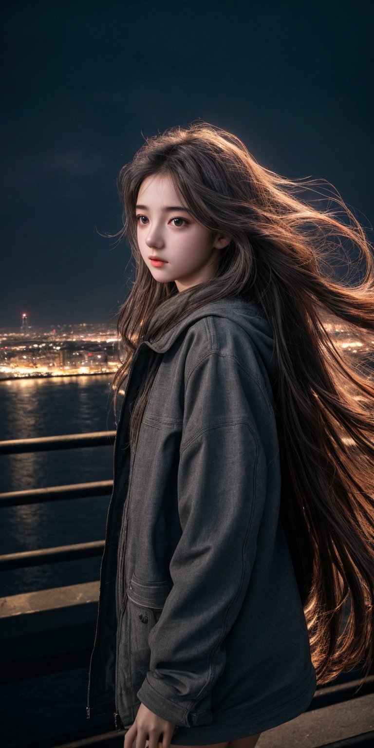 Best quality,  masterpiece,  ultra high res,  photorealistic,  (medium shot:1.3),  raw photo,  a young girl,  17 year old,  long hair in the wind,  grey eyes,  perfect dynamic pose,  in the dark,  deep shadow,  cinematic image,  dark city,  floating city on the background.,