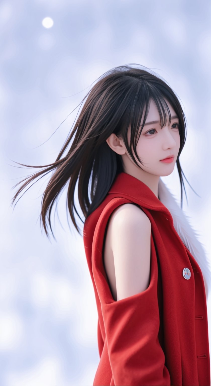  A short-haired girl standing in the snow, Red Coat, head up, breeze blowing hair, snow, snowflakes, depth of field, telephoto lens, messy hair, (close-up) , (sad) , sad and melancholy atmosphere, reference movie love letter, profile, head up, ((floating)) bangs or fringes of hair, eyes focused, half-closed, center frame, bottom to top,
,1 girl,<lora:659111690174031528:1.0>