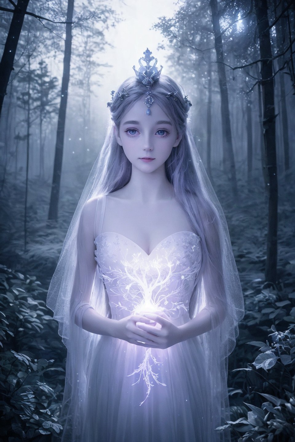 In the whispering darkness of a mystical forest, where grey bioluminescent wisps dance like ethereal sparks, a goddess stands lost amidst wonders. Her radiant crown lies abandoned, surrounded by an array of unique, luminous flora with delicate pastel hues. The goddess herself is bathed in soft, digital luminescence, her porcelain-like skin glowing with a subtle sheen. Mschiffer's artwork captures the quiet intimacy of this moonlit scene, where shadows are illuminated only by the gentle hum of magic.