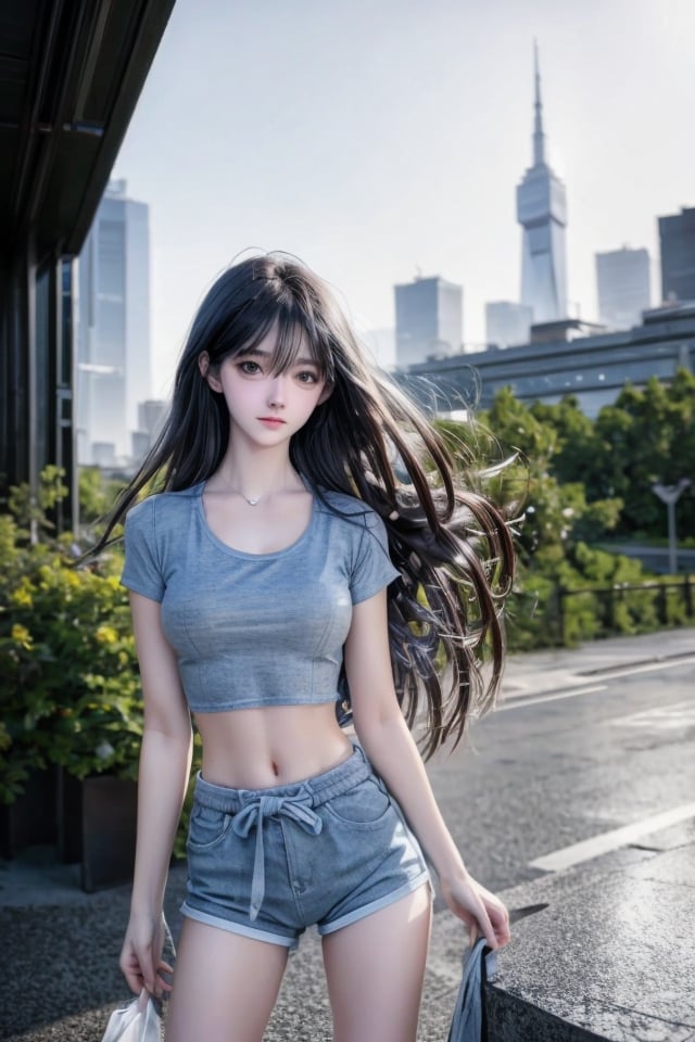 (medium full shot:1.4), Best quality,  masterpiece,  ultra high res,  (photorealistic:1.37),  raw photo,  a young girl named Nancy,  17 year old,  long hair in the wind,  grey eyes,  detailed eyes and face,  perfect pose, waist, blue short pants, crop top,   dynamic lighting,  in the dark,  deep shadow,  low key,  cinematic image, bright city,  floting city on the background., 
