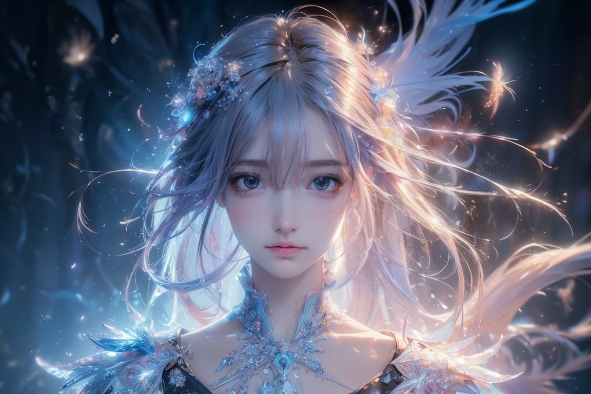 (masterpiece,  top quality,  best quality,  official art,  beautiful and aesthetic:1.2),  (1girl),  extreme detailed, (abstract,  fractal art:1.3), colorful hair, highest detailed,  detailed_eyes,  fire,  water,  ice,  lightning,  light_particles,  ghost
