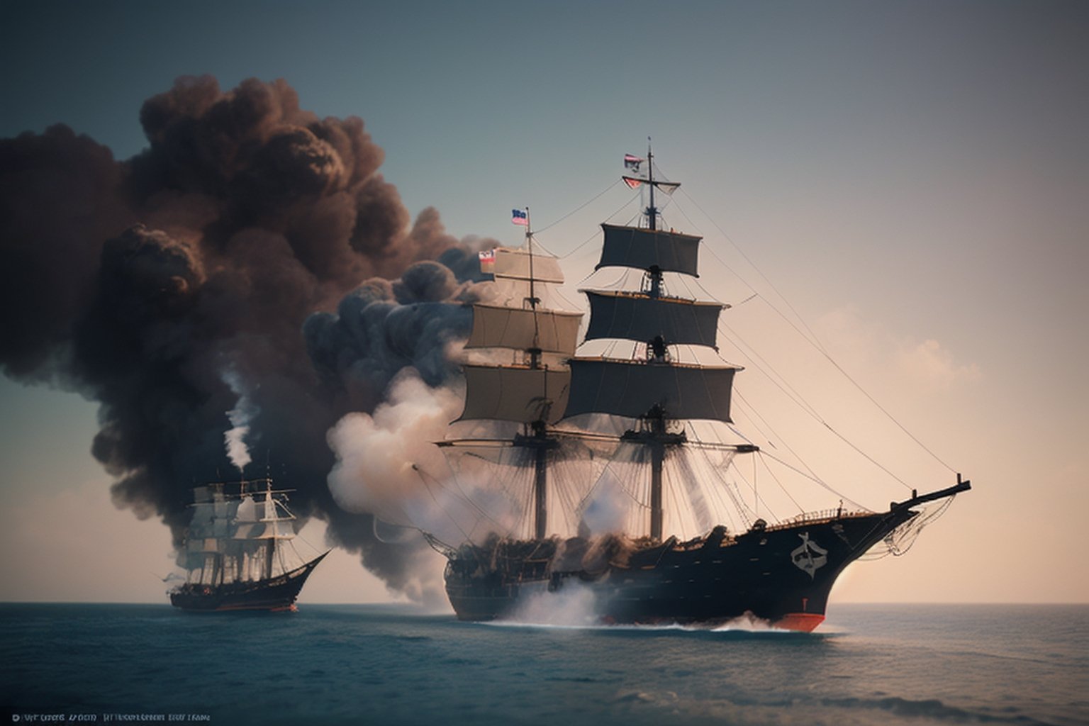 Miniature sea and pirate ship fights against a royal warship, (((cannon fire, puffs of gunpowder smoke))), tilt-shift photo, creative photography posters, miniature photography, beautiful lighting, emphasis lighting, global lighting surreal, ultra - detailed, 8k, simple composition, 8k, wallpaper, cinematic, commercial ad campaign --raw

