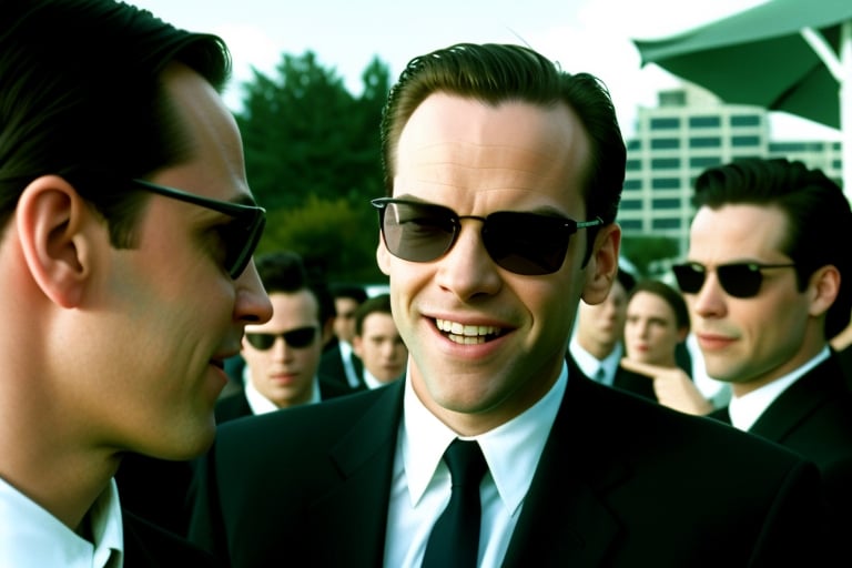 Agent Smith in glasses and suit at a pool party, crazy party,agents partying around, shot of Vodka in his hand,crazy smile, wide angle shot,Matrix style,dramatic lighting 8k, very high quality, film grain, shot on professional film,the matrix movie