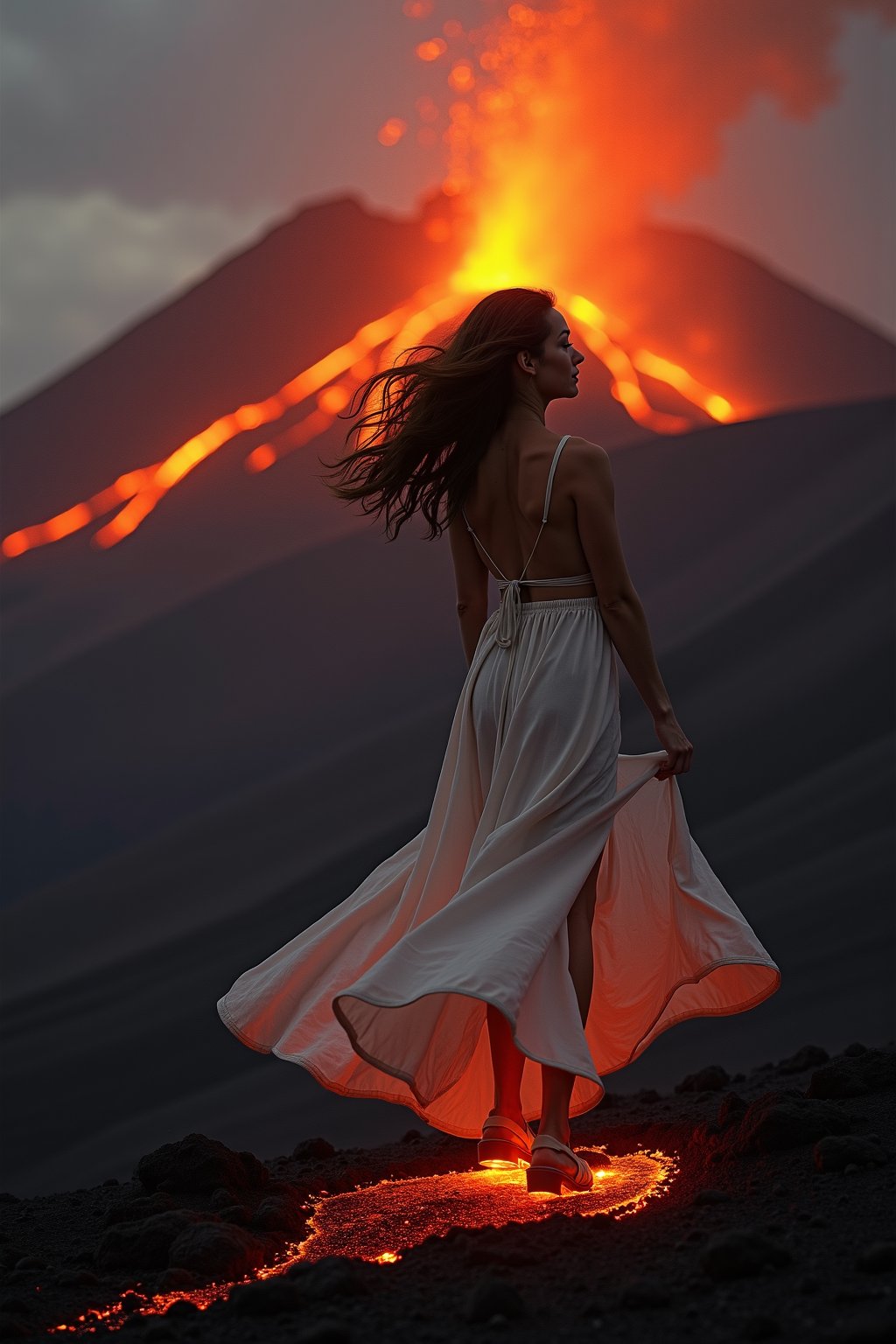 A woman in a flowing dress stands on the edge of an erupting volcano. Lava flows into her shoes, and a red glow illuminates the dark sand. The scene is captured with cinematic photography.