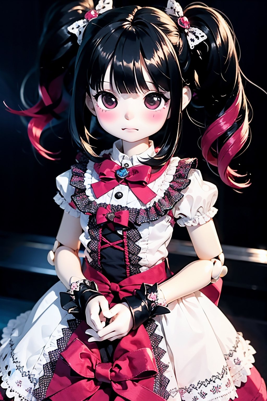 1girl, solo, long hair, looking at viewer, bangs, black hair, gloves, dress, twintails, braid, multicolored hair, black eyes, fishnets, lolita fashion, joints, doll joints, EpicDoll, doll,