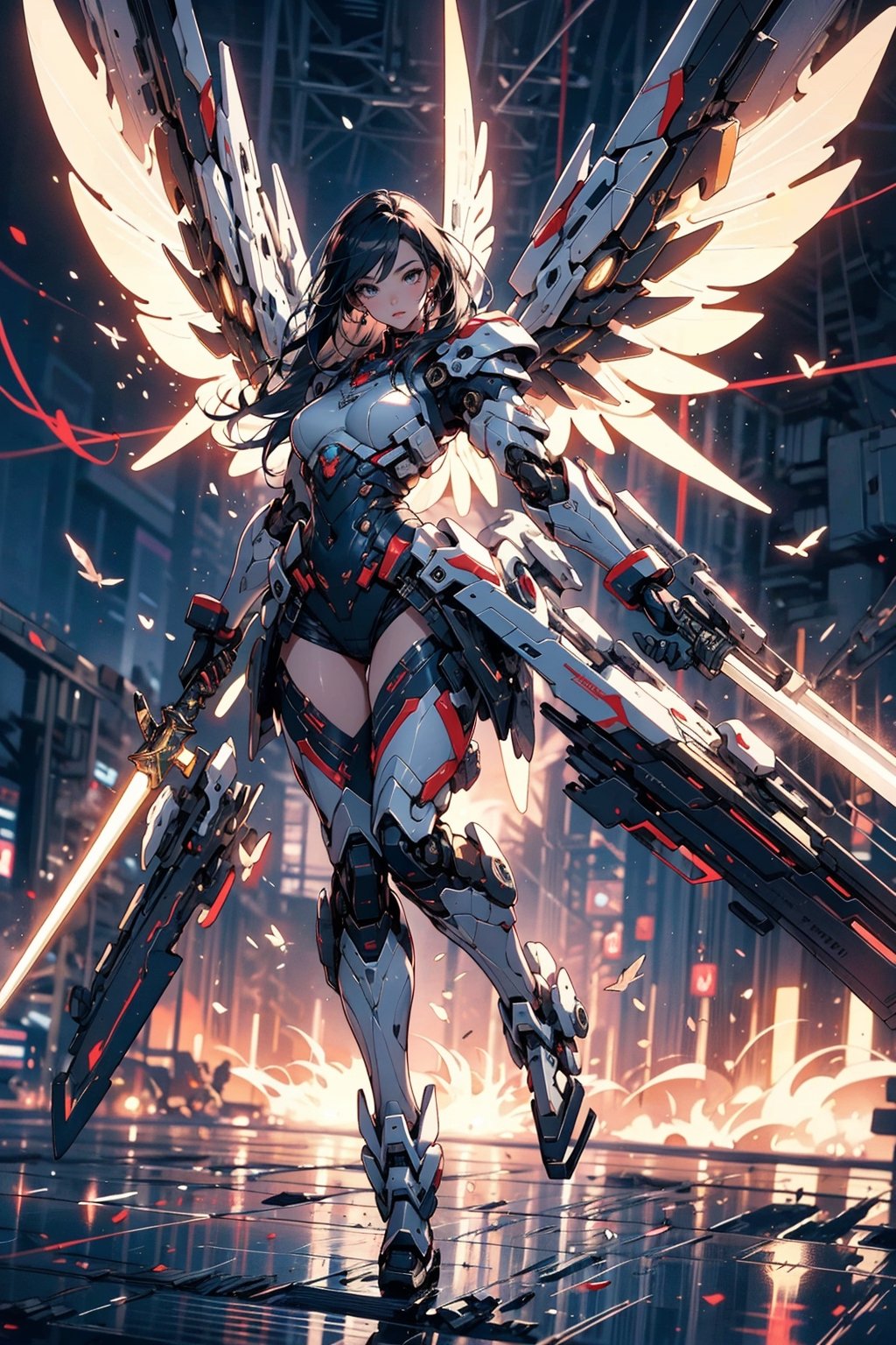 (4k), (masterpiece), (best quality), (award winning), (cinematic lighting), (extremely detailed), (epic), whole body, ((girls fly in the sky, girls are far away)), girls are beautiful Valkyries, Valkyrie has very short and black hair and brown eyes, Valkyrie holds a magical valkyrie sword, Valkyrie has big giant angel wings,  (((dynamic_pose))),  Valkyrie's clothes are symmetrical and mechanical,,mecha_girl_figure,mecha,midjourney,DonMF41ryW1ng5