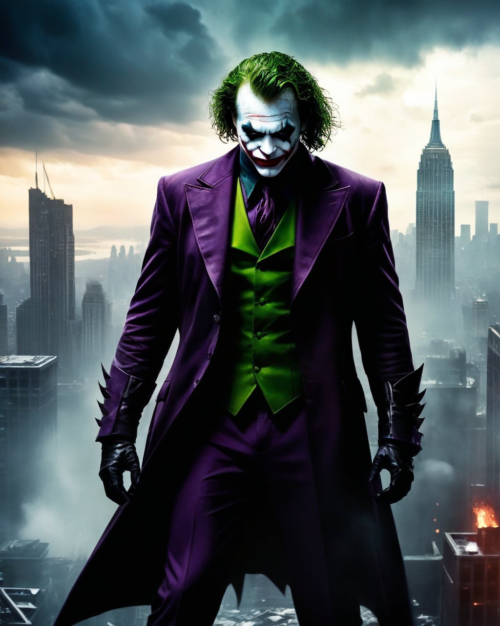 a captivating dark fantasy image of Raging Anger Spawned Undead Joker in the heart of Gotham City. The ominous sky, the dark glow, and the chaotic cityscape will come together to evoke a sense of otherworldly menace