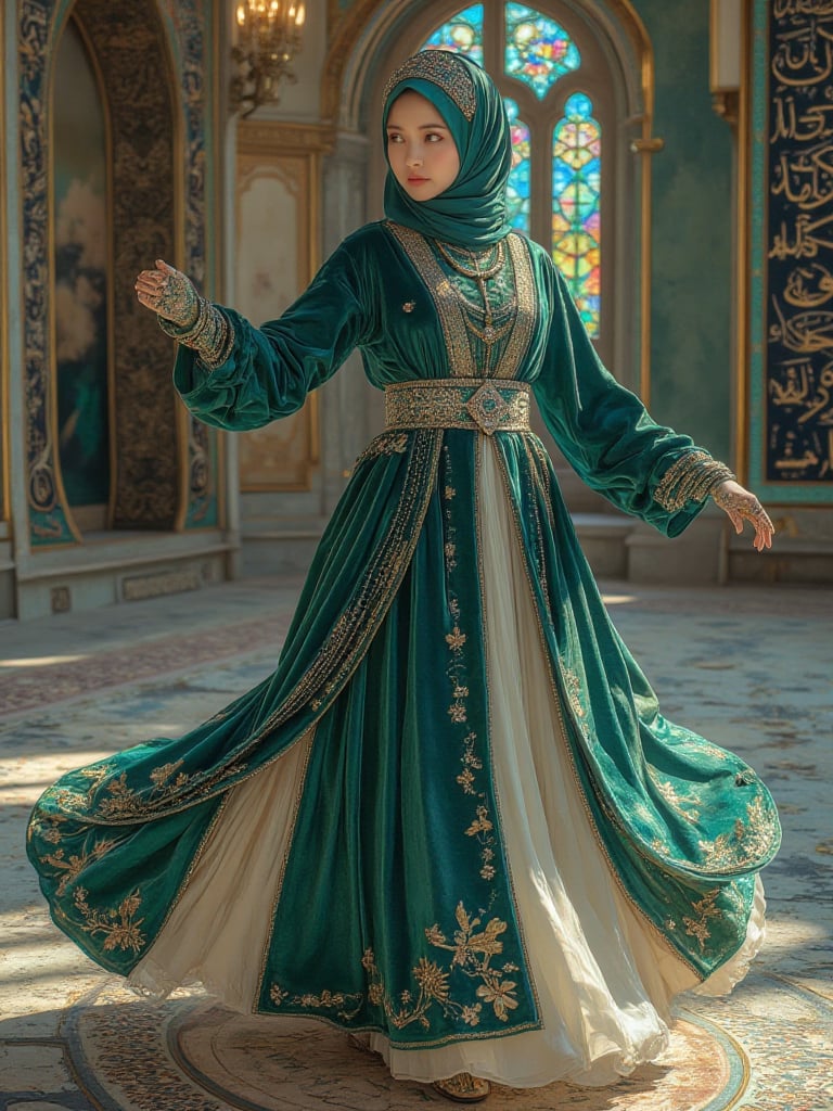 Award-winning hyper-realistic masterpiece in Don Lawrence’s style: A devout Chechen Lezginka Dancer mid-twirl in a Majesti...