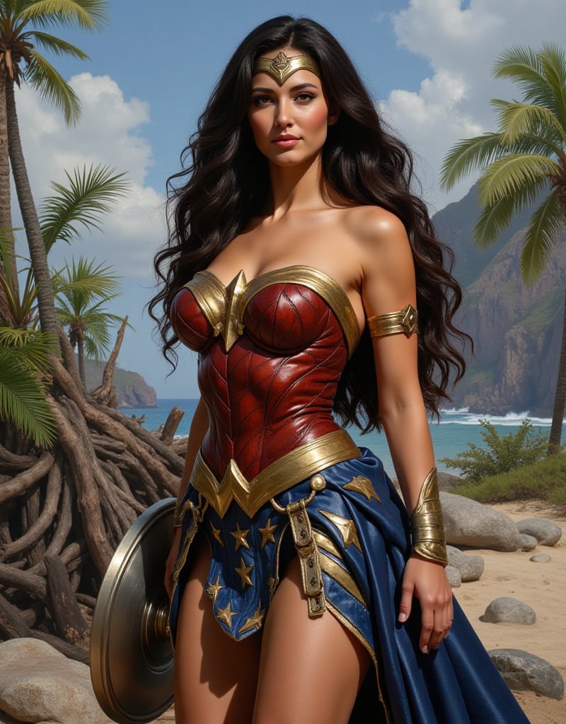 Wonder Woman borrowing Captain America's Vibranium Shields in a Serpent Island, portraits, realistic oil on canvas painting, Don Lawrence style