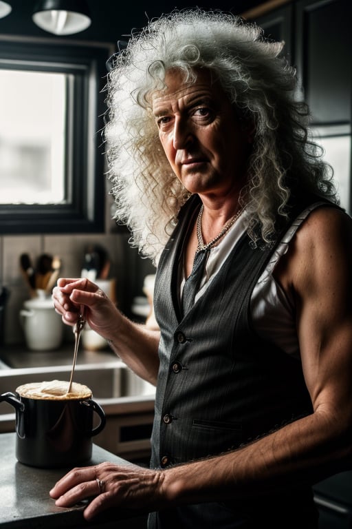 A professional ((black and white))photo shoot of 80's long heavy metal hair styled male famous presenter (Brian May:1.2) prepares sugar and butter sandwich at his modern british kitchen, detailed face, detailed eyes, symmetric eyes, perfect face, directional stage light from abice, shallow depth of field, masterpiece photography work of Annie Leibovitz, professional Lightroom Color grading by Kenneth Hines Jr., Volumetric lighting, ultra-sharp focus