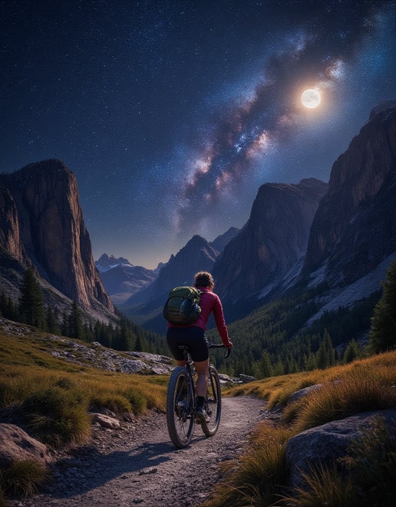 A beautiful female gravel bike packer, detailed face, pedaling her gravel bike, in a starry night, big full moon, Milky Way belt, at The breathtaking Dolomite gravel track, insanely detailed and intricate scene background, realistic Don Lawrence Style