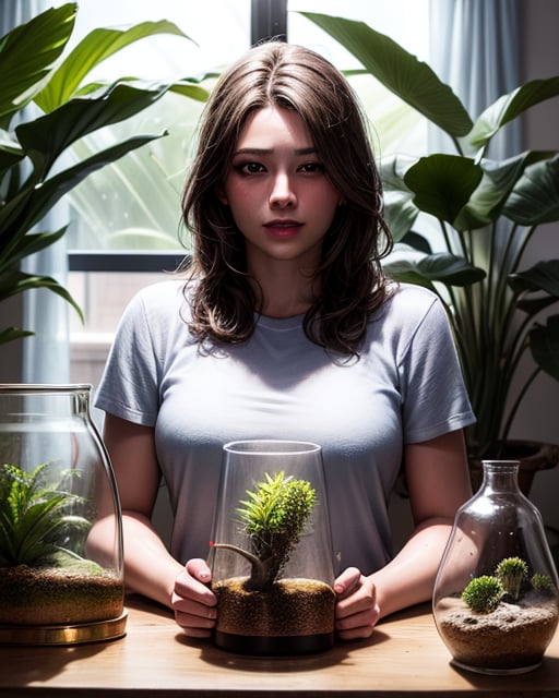 A (waist up) cinematic photorealistic color digital painting of professional photo model Anna Scientist a.k.a Anna Malaretti, at her desk in her private green house at home, (nurturing her beloved terrarium:1.3), so (many terrariums in background:1.3), wears cozy casual outfit (80's heavy metal rock star hair style:1.2), excited smile, detailed face, insanely detailed and intricate, crisp sharp and clear, volumetric lighting, ultra-high resolution, masterpiece hyper realistic artwork of Don Lawrence, centered, Professional color grading by Kenneth Hines Jr.