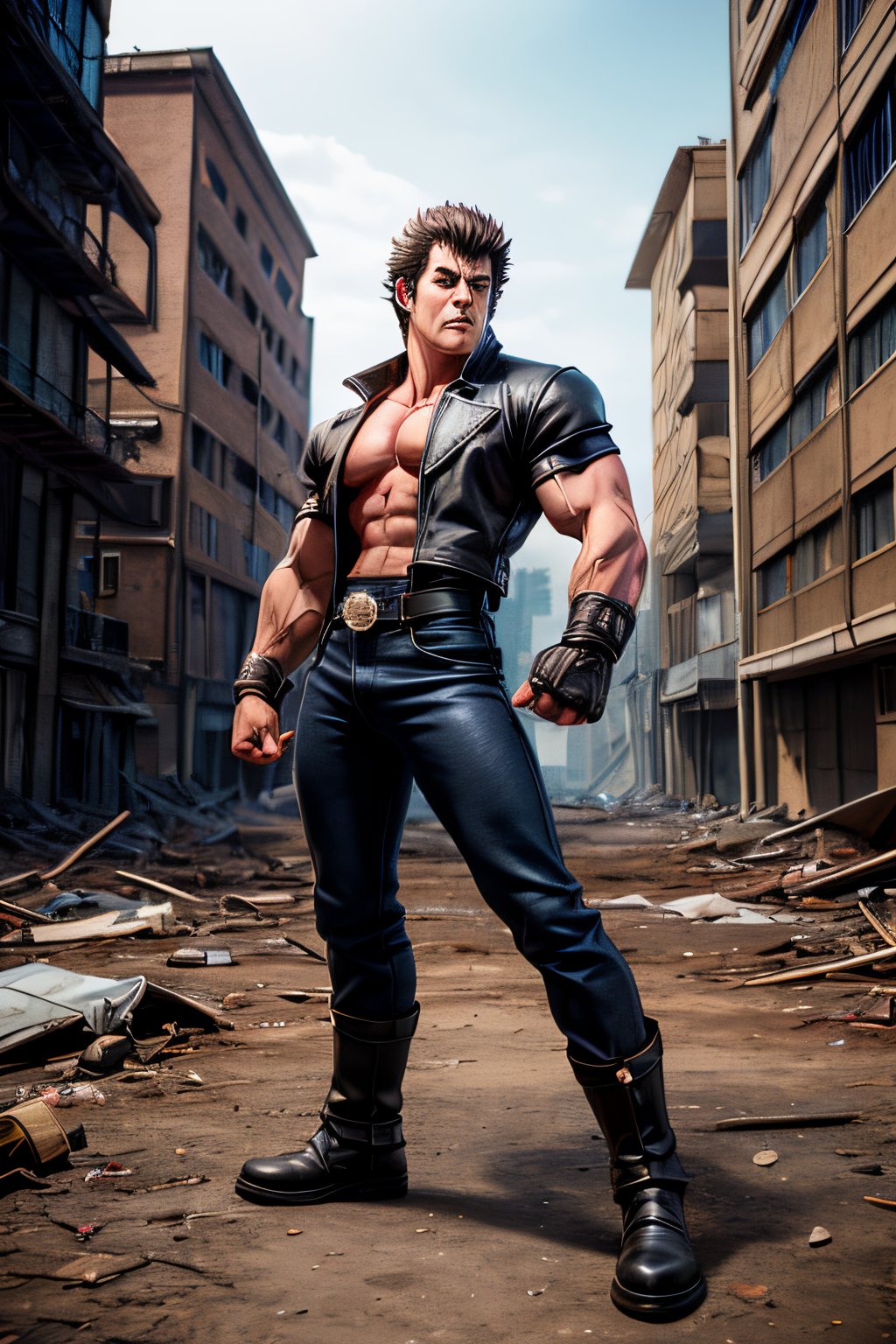 a (waist up pose) photo eealistic anime character Kenshiro from Hokuto no Ken 80's anime series,  masterpiece hyper realis...