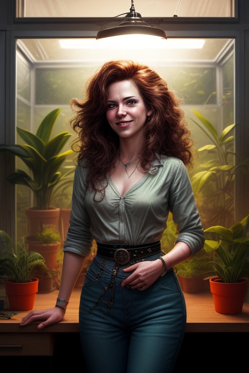 A (waist up:1.2) cinematic photorealistic color digital painting of professional photo model Anna Scientist a.k.a Anna Malaretti, at her desk in her private green house at home, fixing her cylindrical terrarium, so many terrariums in background, wears cozy casual outfit (80's heavy metal rock star hair style:1.2), excited smile, detailed face, insanely detailed and intricate, crisp sharp and clear, volumetric lighting, ultra-high resolution, masterpiece hyper realistic artwork of Don Lawrence, centered, Professional color grading by Kenneth Hines Jr.