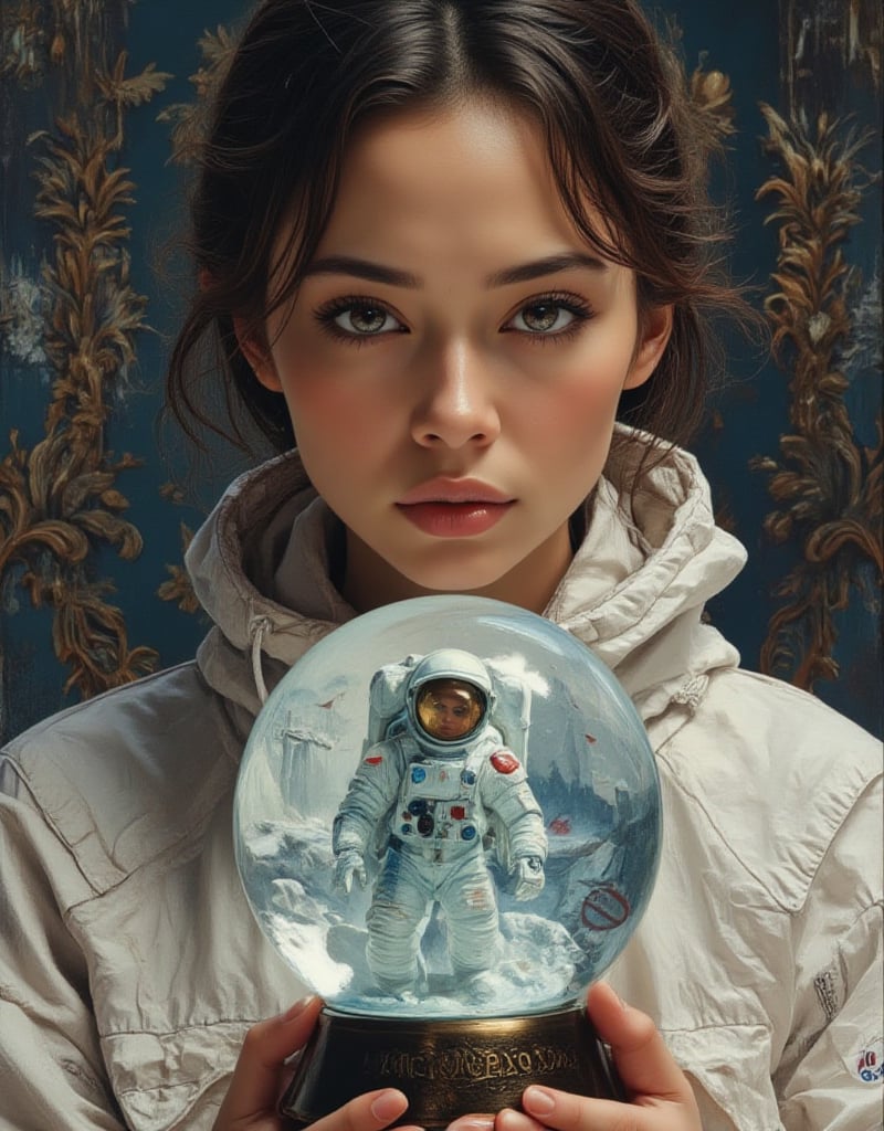 a gorgeous seducing sexy face woman,  with a snow globe in her palm,  inside the snow globe there's a female astronaut by...