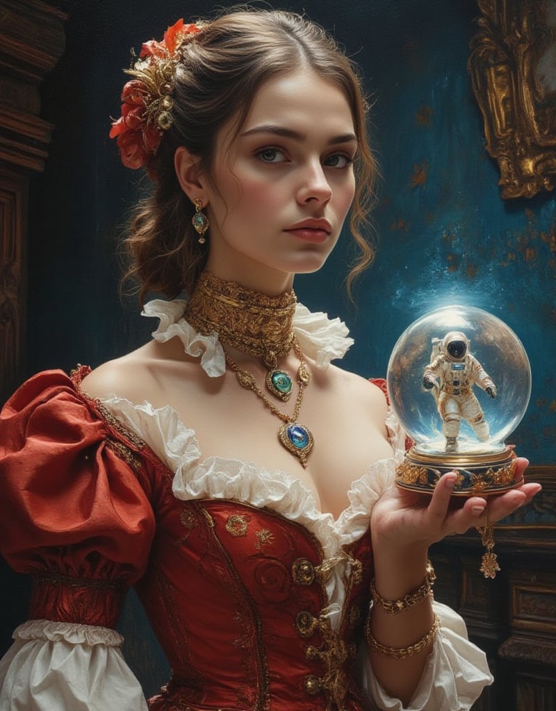 a gorgeous seducing sexy face woman donning a medieval era dress,  with a snow globe in her palm,  inside the snow globe t...
