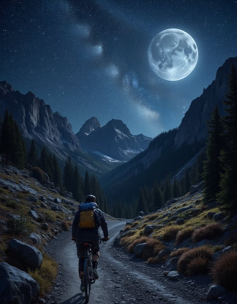 A beautiful female gravel bike packer, detailed face, pedaling her gravel bike, in a starry night, big full moon, Milky Way belt, at The breathtaking Dolomite gravel track, insanely detailed and intricate scene background, realistic Don Lawrence Style