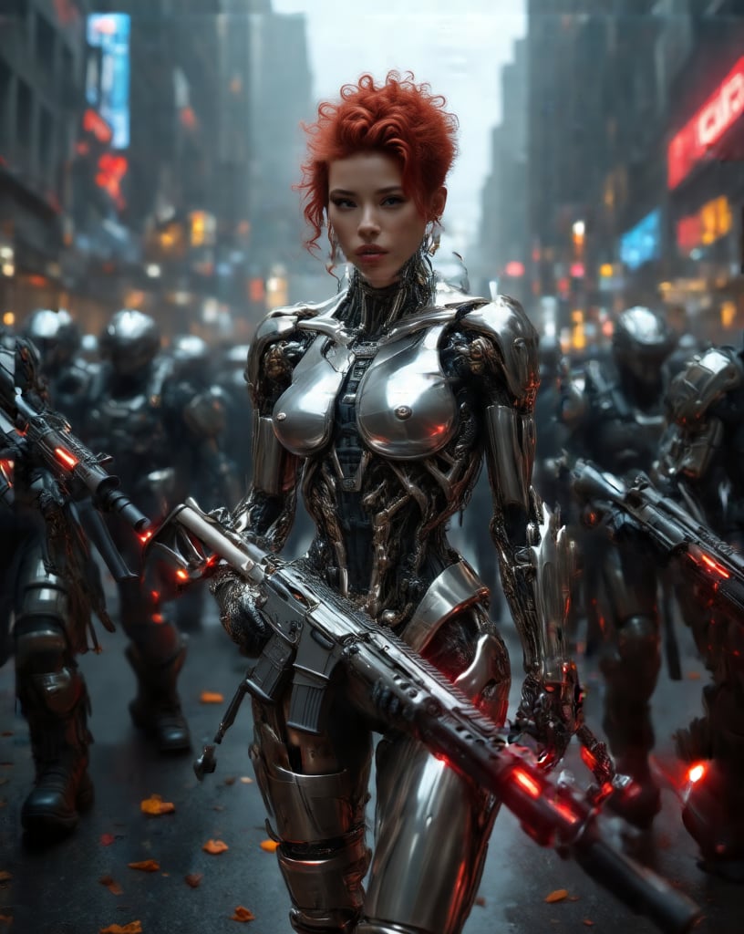 A stunning street photography capture! A gorgeous burly body builder female cyborg with a short, curly red hairstyle , looking at the viewer, Shining Chrome Metallic Limbs, walking towards viewer in the city street wit a hundreds Cyborg Soldiers, Sub Machine Plasma Heavy Duty Guns on hand, Street photography. Insanely super detailed and intricate Cybernetic parts, ornate biomechanical body, hyper-realistic, hyper maximalist, photograph, super detailed, high resolution, full vibrant colour, 4K, 8K high Definition. Canon EOS 5D Mark III, 35 mm Canon f/16, Exposure time: 1/12,SH,EpicFantasy