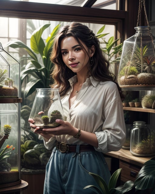 A (waist up) cinematic photorealistic color digital painting of professional photo model Anna Scientist a.k.a Anna Malaretti, at her desk in her private green house at home, (nurturing her beloved terrarium:1.3), so (many terrariums in background:1.3), wears cozy casual outfit (80's heavy metal rock star hair style:1.2), excited smile, detailed face, insanely detailed and intricate, crisp sharp and clear, volumetric lighting, ultra-high resolution, masterpiece hyper realistic artwork of Don Lawrence, centered, Professional color grading by Kenneth Hines Jr.