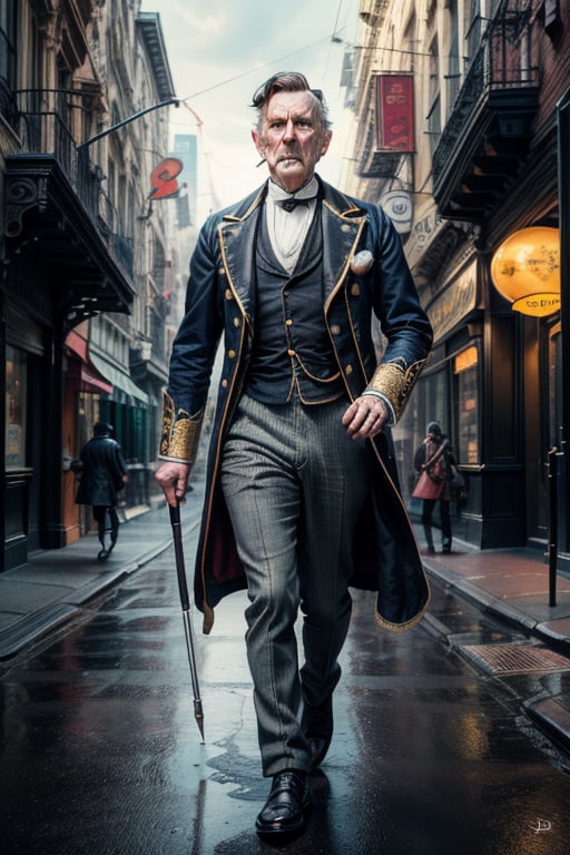 Professional photorealistic artwork of a ((Victorian Englishman))with walking cane in present day Modern street of New Yor...