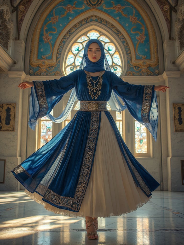 Award-winning hyper-realistic masterpiece in Don Lawrence’s style: A modest Chechen Lezginka Dancer mid-twirl in a Majesti...