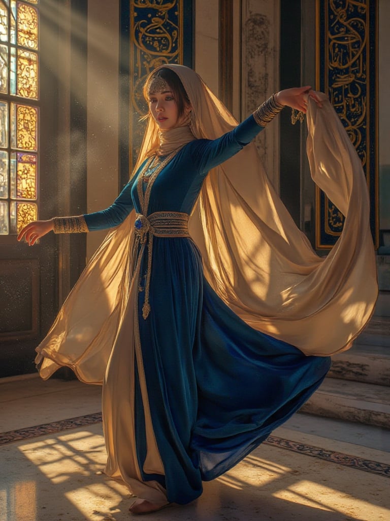 Award-winning hyper-realistic masterpiece in Don Lawrence’s style: A modest Chechen Lezginka Dancer mid-twirl in a Majesti...