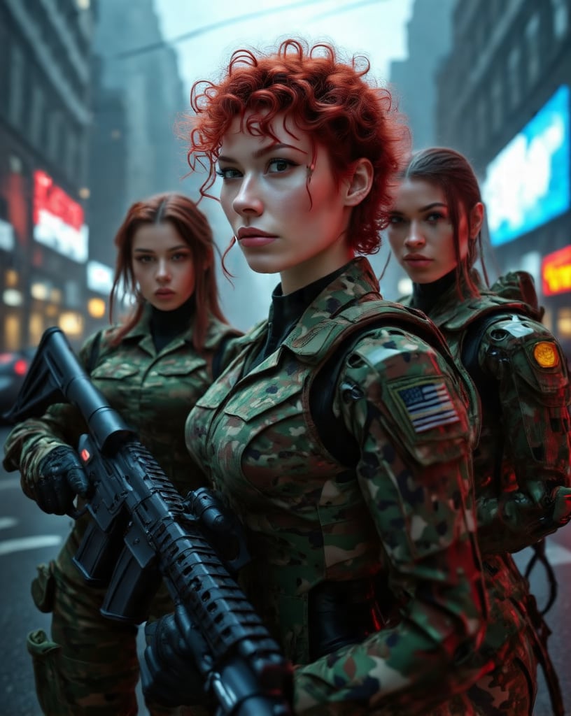 Short Curly Red Hairstyle Gorgeous Ultra intelligent and highly enhanced Female Military Cyborg Commander with her two Gorgeous enhanced Female Military Combat Cyborg Soldier in camo suite in the city street. Insanely super detailed and intricate, ornate, hyper-realistic, hypermaximalist, photograph, super detailed, high resolution, full color, 4K, 8K high Definition. Canon EOS 5D Mark III, 35 mm Canon f/16, Exposure time: 1/125, ISO 250.