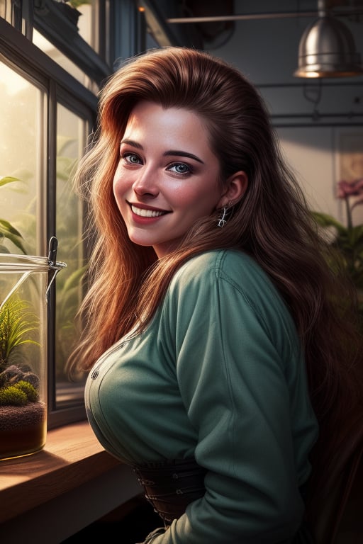 A (waist up:1.2) cinematic photorealistic color digital painting of professional photo model Anna Scientist a.k.a Anna Malaretti, at her desk in her private green house at home, fixing her cylindrical terrarium, so many terrariums in background, wears cozy casual outfit (80's heavy metal rock star hair style:1.2), excited smile, detailed face, insanely detailed and intricate, crisp sharp and clear, volumetric lighting, ultra-high resolution, masterpiece hyper realistic artwork of Don Lawrence, centered, Professional color grading by Kenneth Hines Jr.