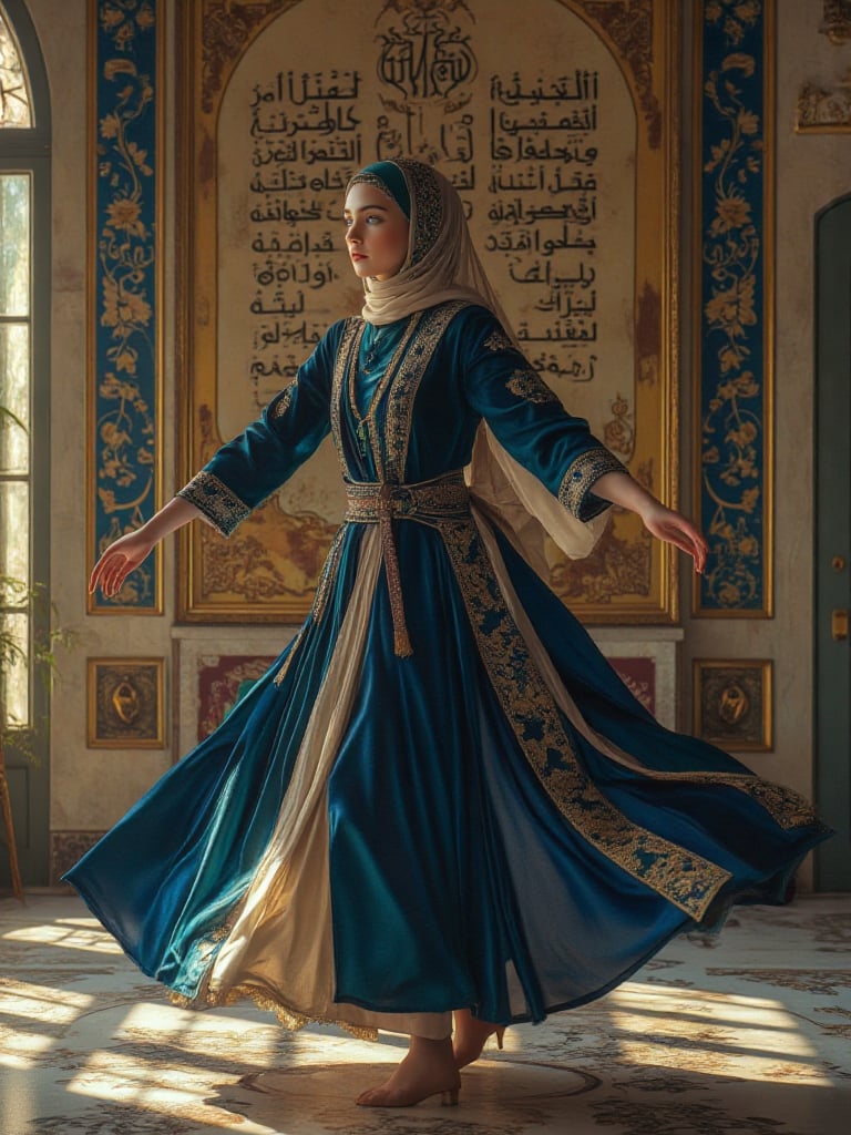 Award-winning hyper-realistic masterpiece in Don Lawrence’s style: A modest Chechen Lezginka Dancer mid-twirl in a Majesti...