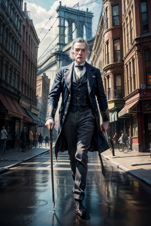 Professional photorealistic artwork of a ((Victorian Englishman))with walking cane in present day Modern street of New Yor...