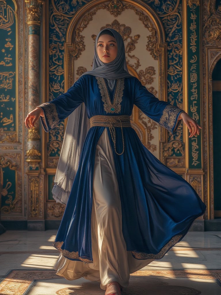 Award-winning hyper-realistic masterpiece in Don Lawrence’s style: A modest Chechen Lezginka Dancer mid-twirl in a Majesti...