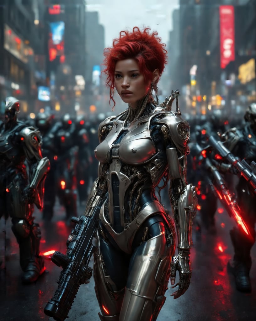 A stunning street photography capture! A gorgeous burly body builder female cyborg with a short, curly red hairstyle , looking at the viewer, Shining Chrome Metallic Limbs, walking towards viewer in the city street wit a hundreds Cyborg Soldiers, Sub Machine Plasma Heavy Duty Guns on hand, Street photography. Insanely super detailed and intricate Cybernetic parts, ornate biomechanical body, hyper-realistic, hyper maximalist, photograph, super detailed, high resolution, full vibrant colour, 4K, 8K high Definition. Canon EOS 5D Mark III, 35 mm Canon f/16, Exposure time: 1/12,SH,EpicFantasy