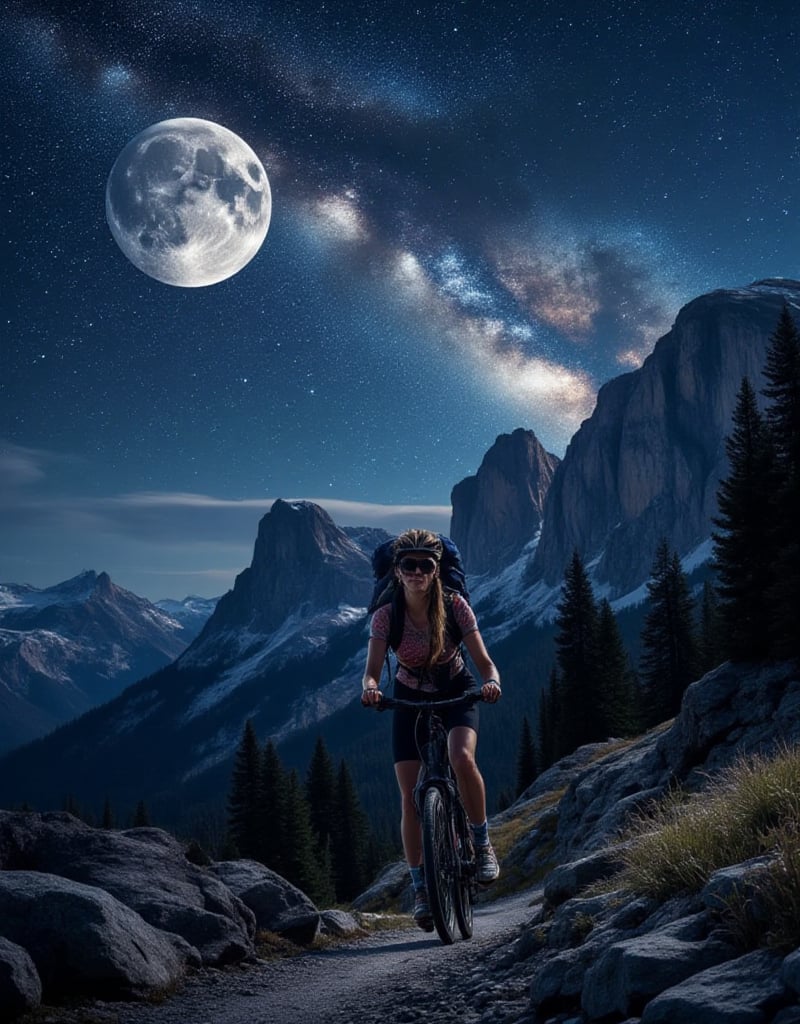 A beautiful female gravel bike packer, detailed face, pedaling her gravel bike, in a starry night, big full moon, Milky Way belt, at The breathtaking Dolomite gravel track, insanely detailed and intricate scene background, realistic Don Lawrence Style