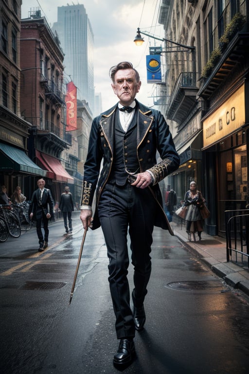 Professional photorealistic artwork of a ((Victorian Englishman))with walking cane in present day Modern street of New Yor...