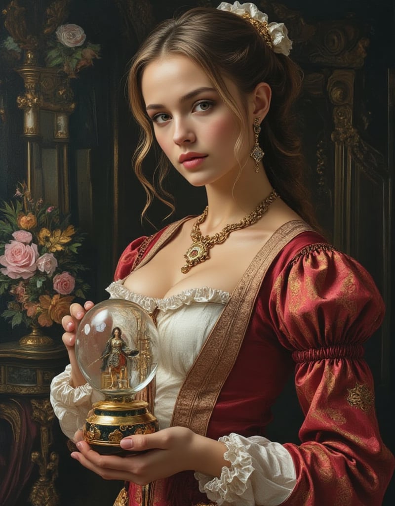 a gorgeous seducing sexy face woman donning a medieval era dress,  with a snow globe in her palm,  inside the snow globe t...