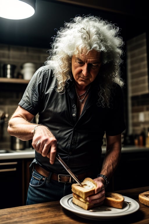 A professional ((black and white))photo shoot of 80's long heavy metal hair styled male famous presenter (Brian May:1.2) prepares sugar and butter sandwich at his modern british kitchen, detailed face, detailed eyes, symmetric eyes, perfect face, directional stage light from abice, shallow depth of field, masterpiece photography work of Annie Leibovitz, professional Lightroom Color grading by Kenneth Hines Jr., Volumetric lighting, ultra-sharp focus