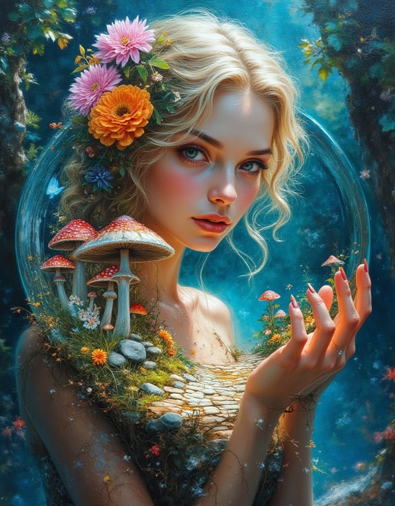 a crystal clear glass transparent blue orb filled with mesmerising vibrant cobbled stone path mushroom village in a palm of a gorgeous sexy face beautiful female fairy with a wavy golden hair style ornated with vibrant flower, realistic oil on canvas painting with strong influence of Don Lawrence style