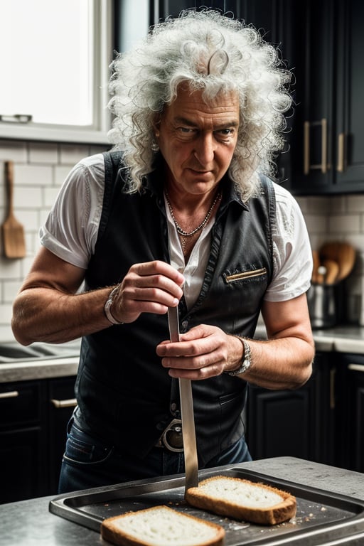 A professional ((black and white))photo shoot of 80's long heavy metal hair styled male famous presenter (Brian May:1.2) prepares sugar and butter sandwich at his modern british kitchen, detailed face, detailed eyes, symmetric eyes, perfect face, directional stage light from abice, shallow depth of field, masterpiece photography work of Annie Leibovitz, professional Lightroom Color grading by Kenneth Hines Jr., Volumetric lighting, ultra-sharp focus