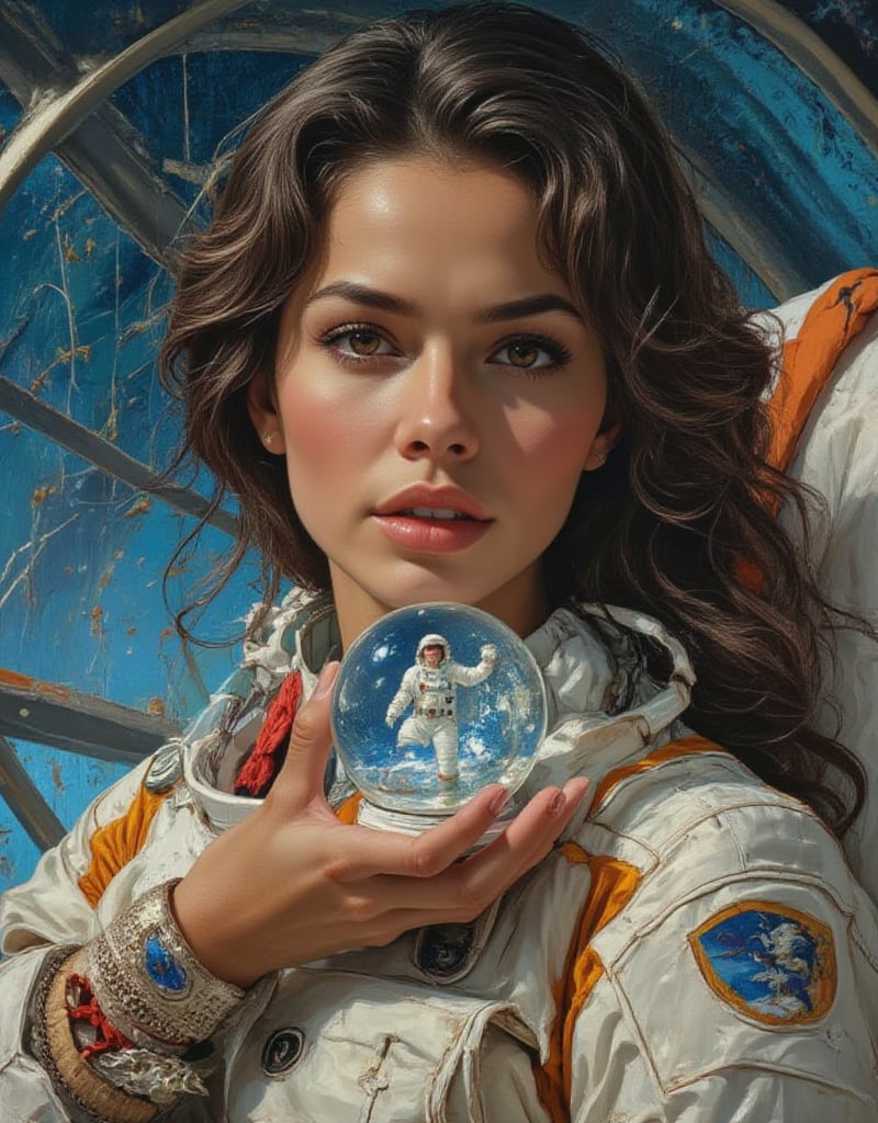 a gorgeous seducing sexy face woman,  with a snow globe in her palm,  inside the snow globe there's a female astronaut by...