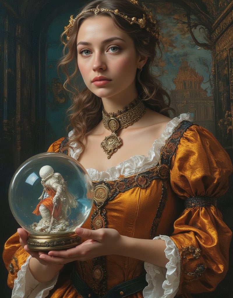 a gorgeous seducing sexy face woman donning a medieval era dress,  with a snow globe in her palm,  inside the snow globe t...