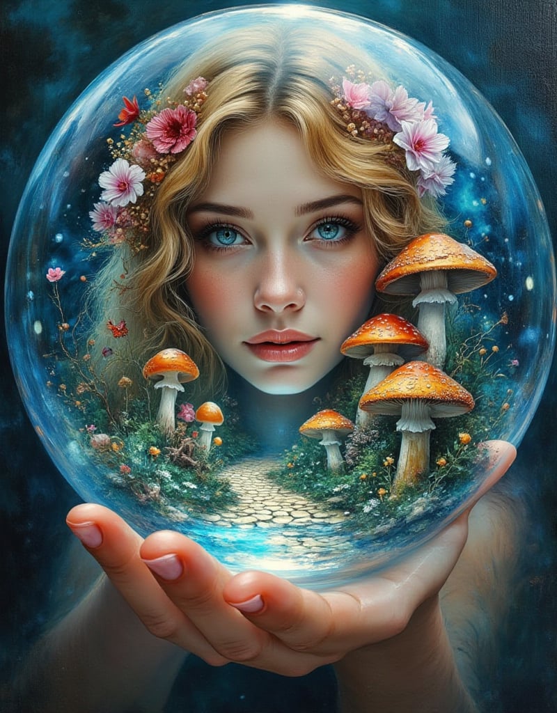 a crystal clear glass transparent blue orb filled with mesmerising vibrant cobbled stone path mushroom village in a palm of a gorgeous sexy face beautiful female fairy with a wavy golden hair style ornated with vibrant flower, realistic oil on canvas painting with strong influence of Don Lawrence style