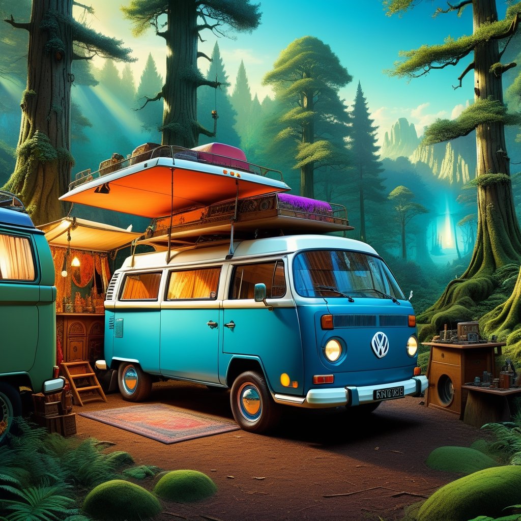 A cinematic scenic view of a bohemian hippie vw camper van in the 1970's parked in a wood, ornate, insanely detailed and intricate, volumetric lighting, neon punk afternoon, a masterpiece photo realistic illustration of British color comic maestro Don Lawrence, automotive draw detaling by Shirow Masamune, art by Artgem, trending at Artstation, ,detailmaster2