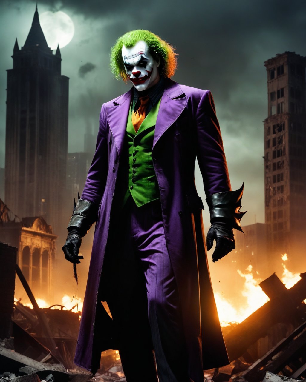 A haunting scene unfolds: the Raging Anger Spawned Undead Joker stands tall, eyes blazing with malevolent fury, amidst the ruins of Gotham City's heart. Ominous darkness seeps from the sky like a living entity, casting an eerie glow on the cityscape's twisted metal and concrete chaos. In this forsaken landscape, the undead clown's dark aura hangs heavy, as if conjuring forth the very essence of the city's despair.