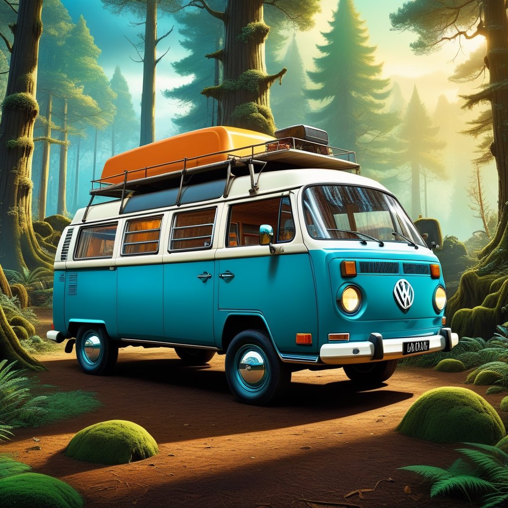 A cinematic scenic view of a bohemian hippie vw camper van in the 1970's parked in a wood, ornate, insanely detailed and intricate, volumetric lighting, neon punk afternoon, a masterpiece photo realistic illustration of British color comic maestro Don Lawrence, automotive draw detaling by Shirow Masamune, art by Artgem, trending at Artstation, ,detailmaster2