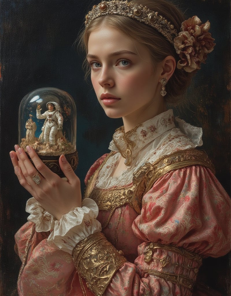 a gorgeous seducing sexy face woman donning a medieval era dress,  with a snow globe in her palm,  inside the snow globe t...